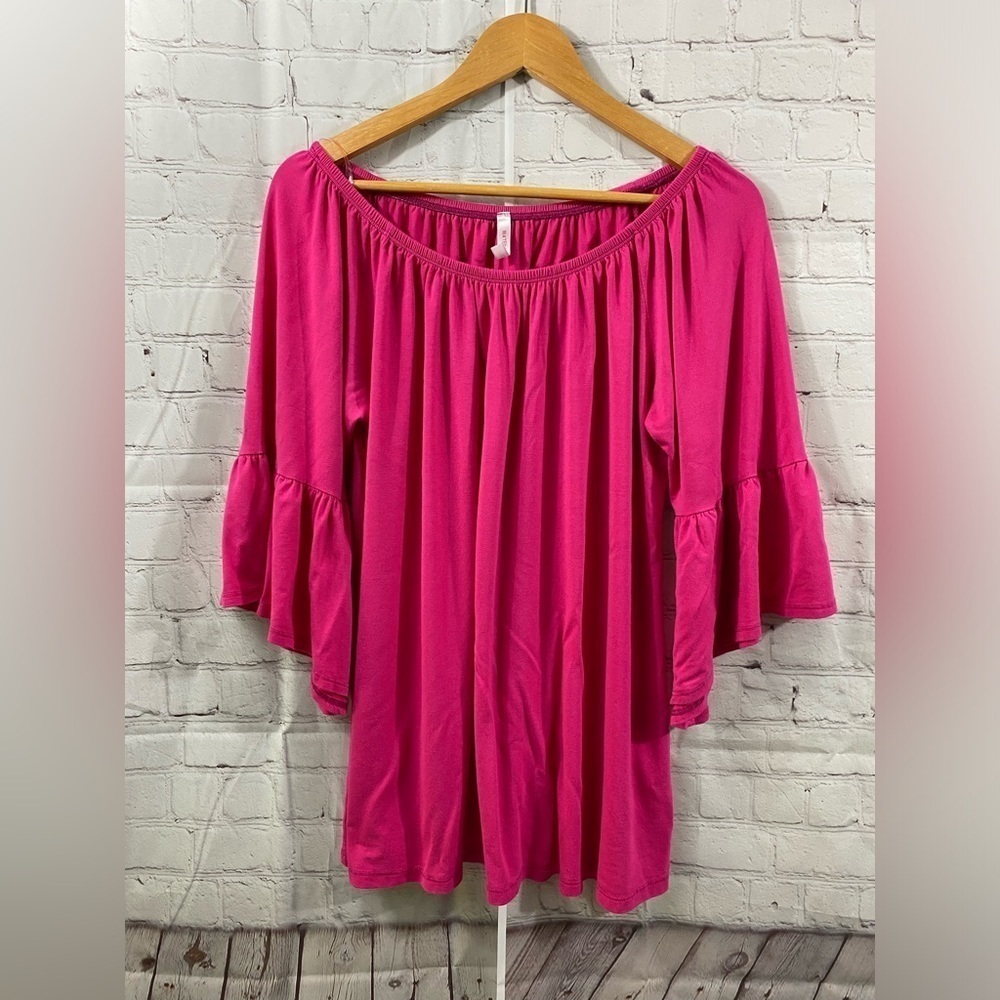 Watermelon Womens Plus Size 2XL Pink Off Shoulder Bell Sleeve Tunic Top